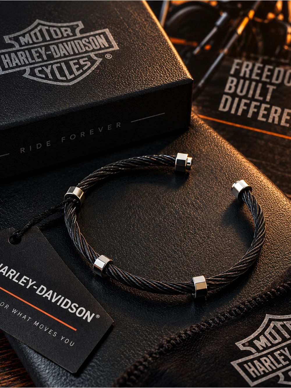 Harley-Davidson Black Cable Cuff Bracelet with Silver Accents
